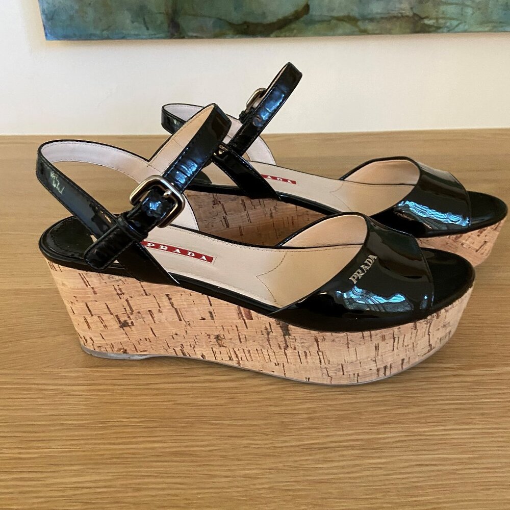 Prada Black Patent Sandals With Cork Wedge 36.5